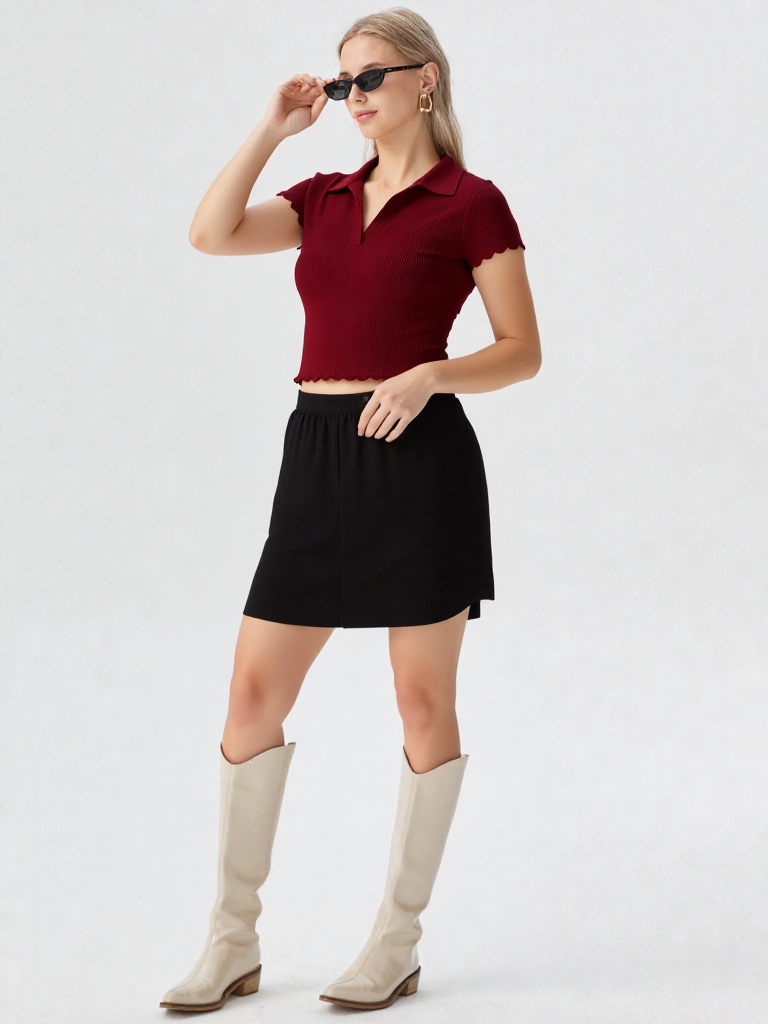 Half Sleeves Collar Neck Crop Top